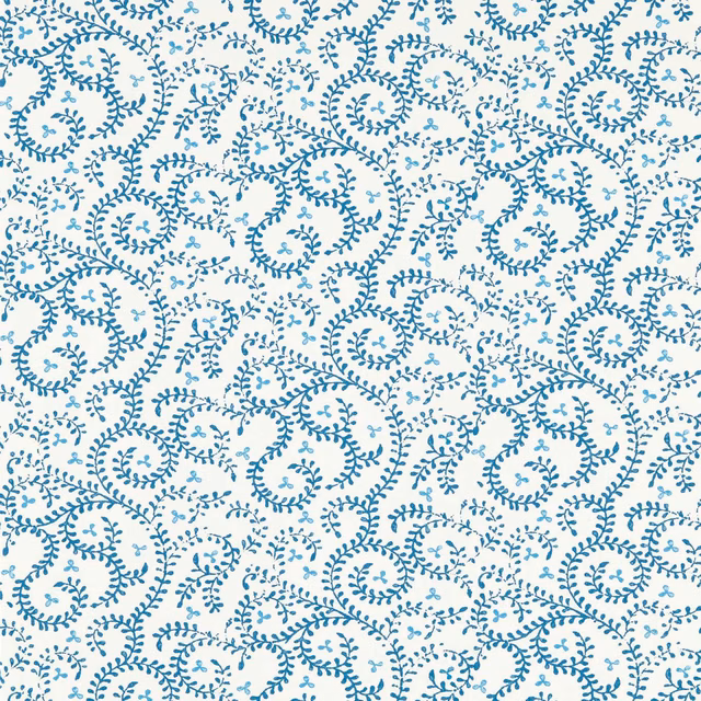Cream wallpaper with dense cool blue curling vines and leafy spiral motifs