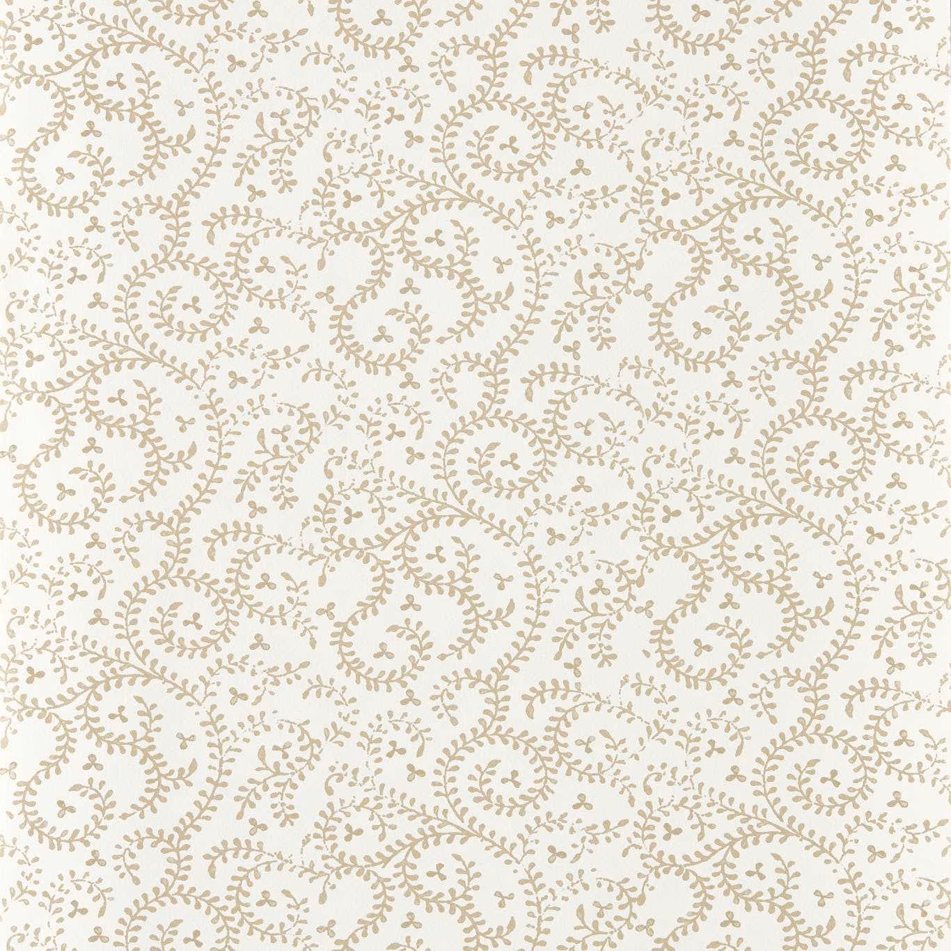 Warm cream wallpaper with pale taupe fern scrolls and looping botanical curls