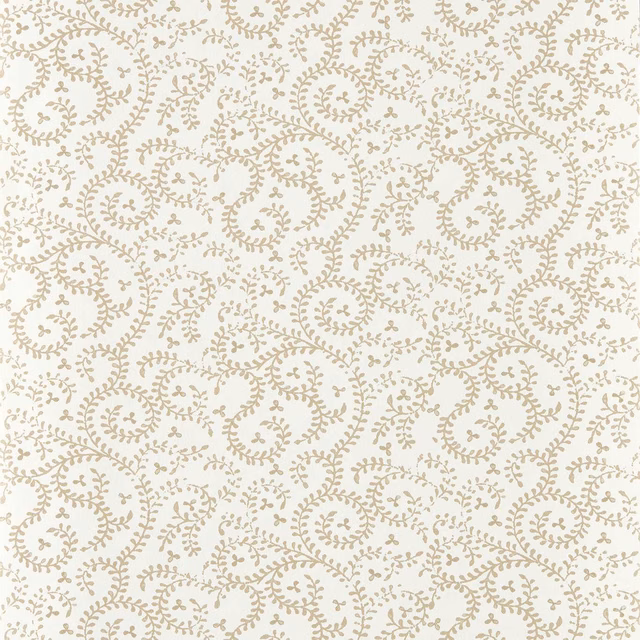 Warm cream wallpaper with pale taupe fern scrolls and looping botanical curls