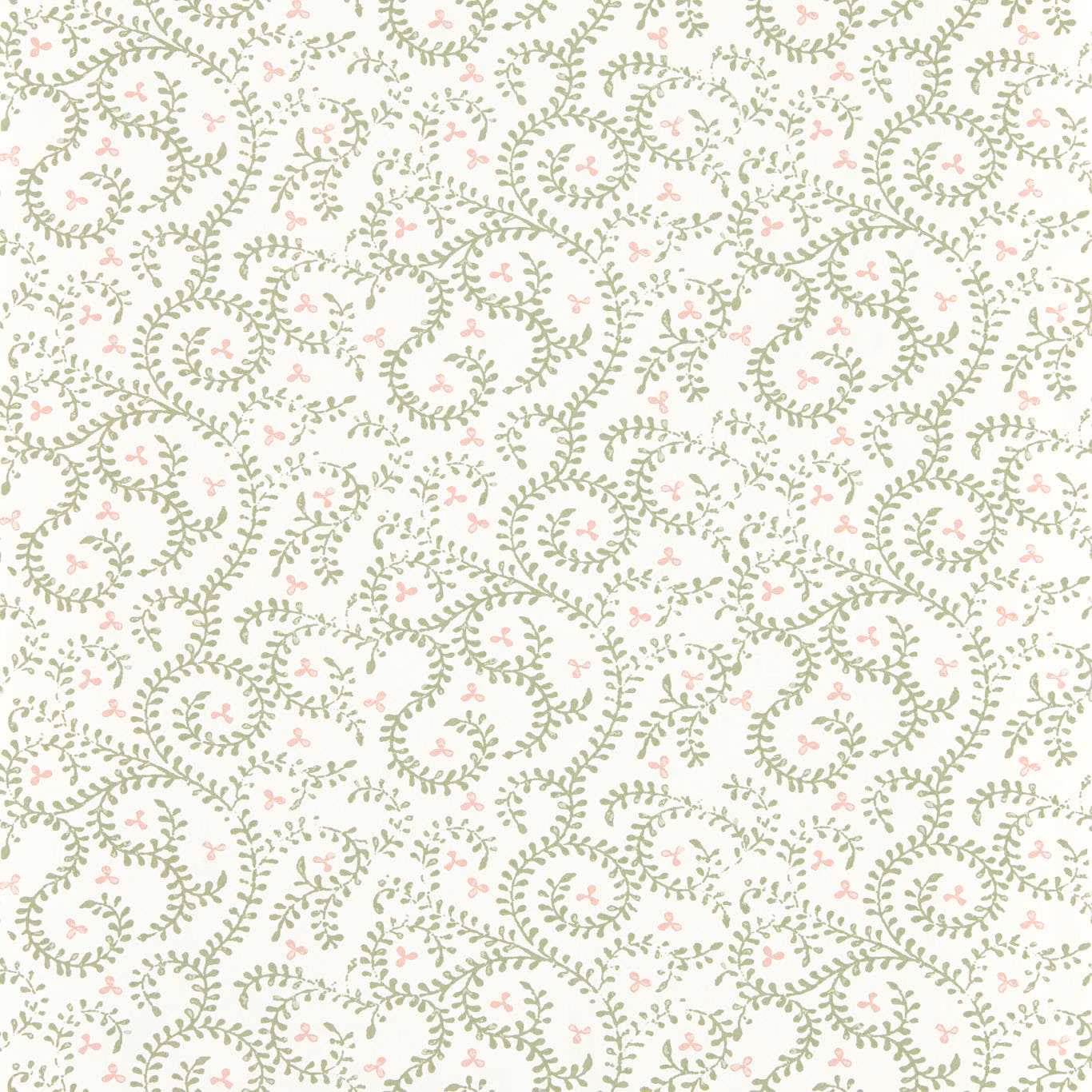 Cream wallpaper with sage curling vines and tiny blush-pink flowers