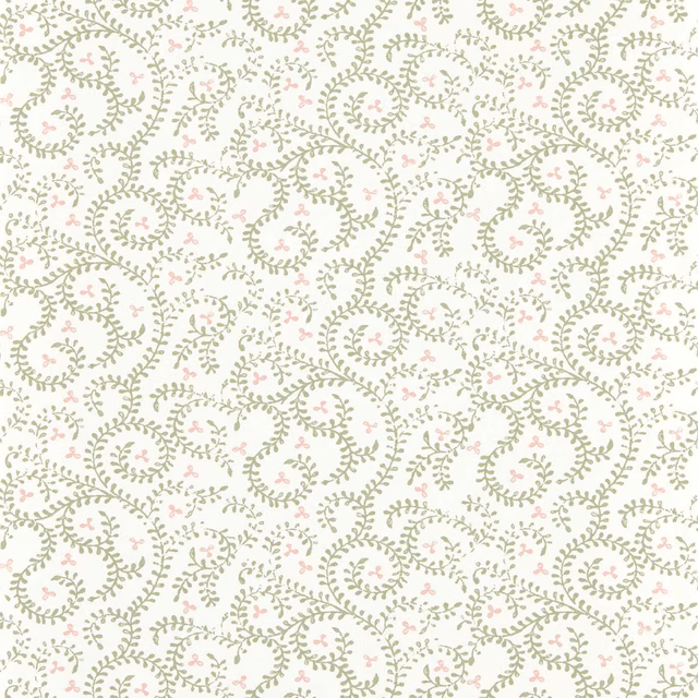 Cream wallpaper with sage curling vines and tiny blush-pink flowers