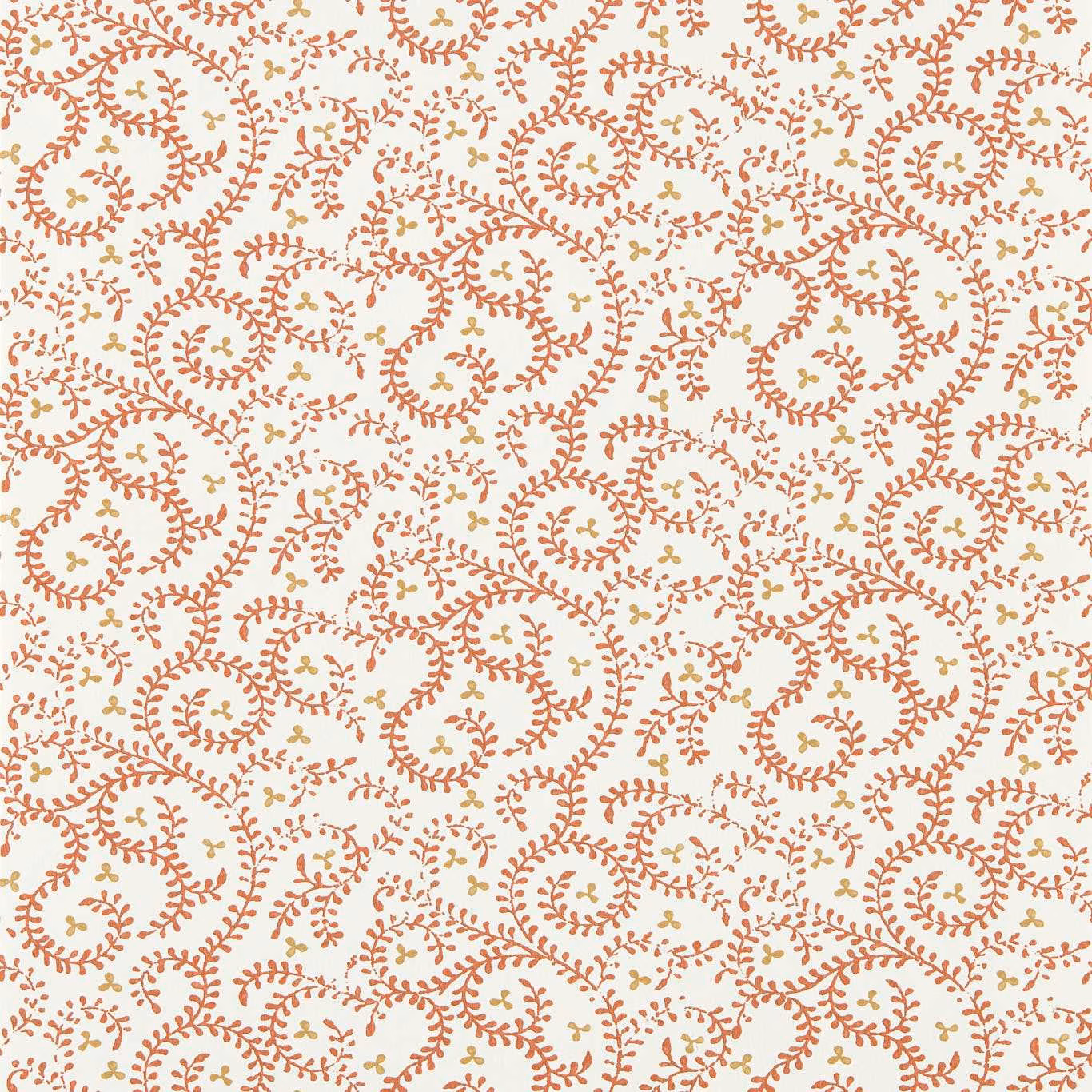 Warm cream wallpaper with dense terracotta paisley scrolls and tiny sage accents
