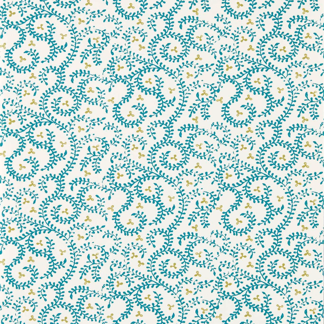 Cool teal curling botanical sprigs with olive accents on an ivory ground