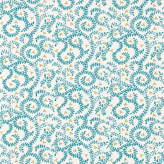 Cool teal curling botanical sprigs with olive accents on an ivory ground