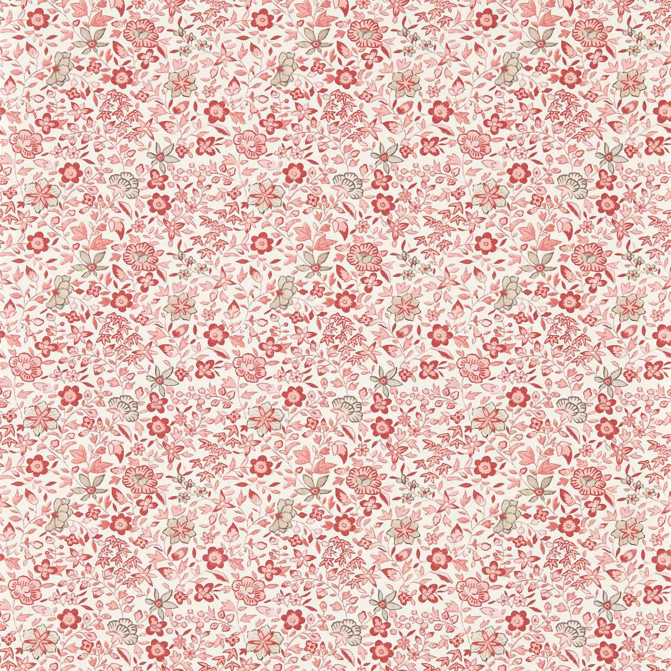 Dense blush pink floral wallpaper on a warm cream ground with sage foliage