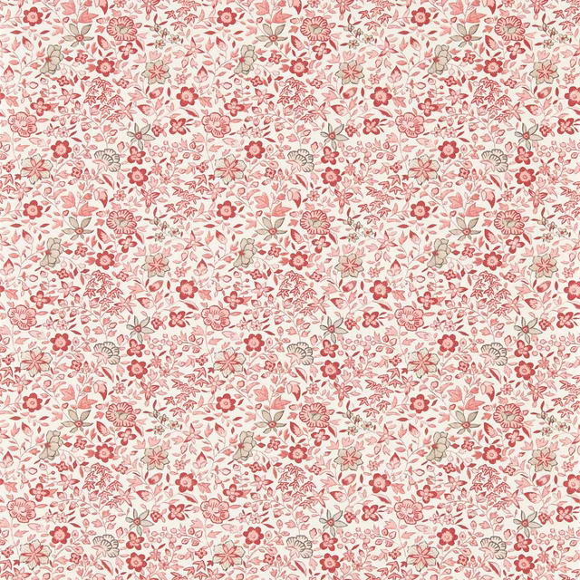 Dense blush pink floral wallpaper on a warm cream ground with sage foliage