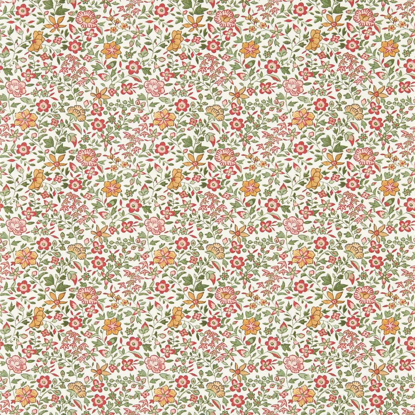 Dense sage, blush, coral and mustard floral wallpaper on a warm ivory ground
