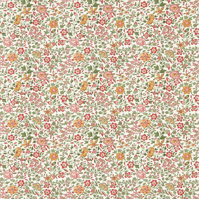 Dense sage, blush, coral and mustard floral wallpaper on a warm ivory ground