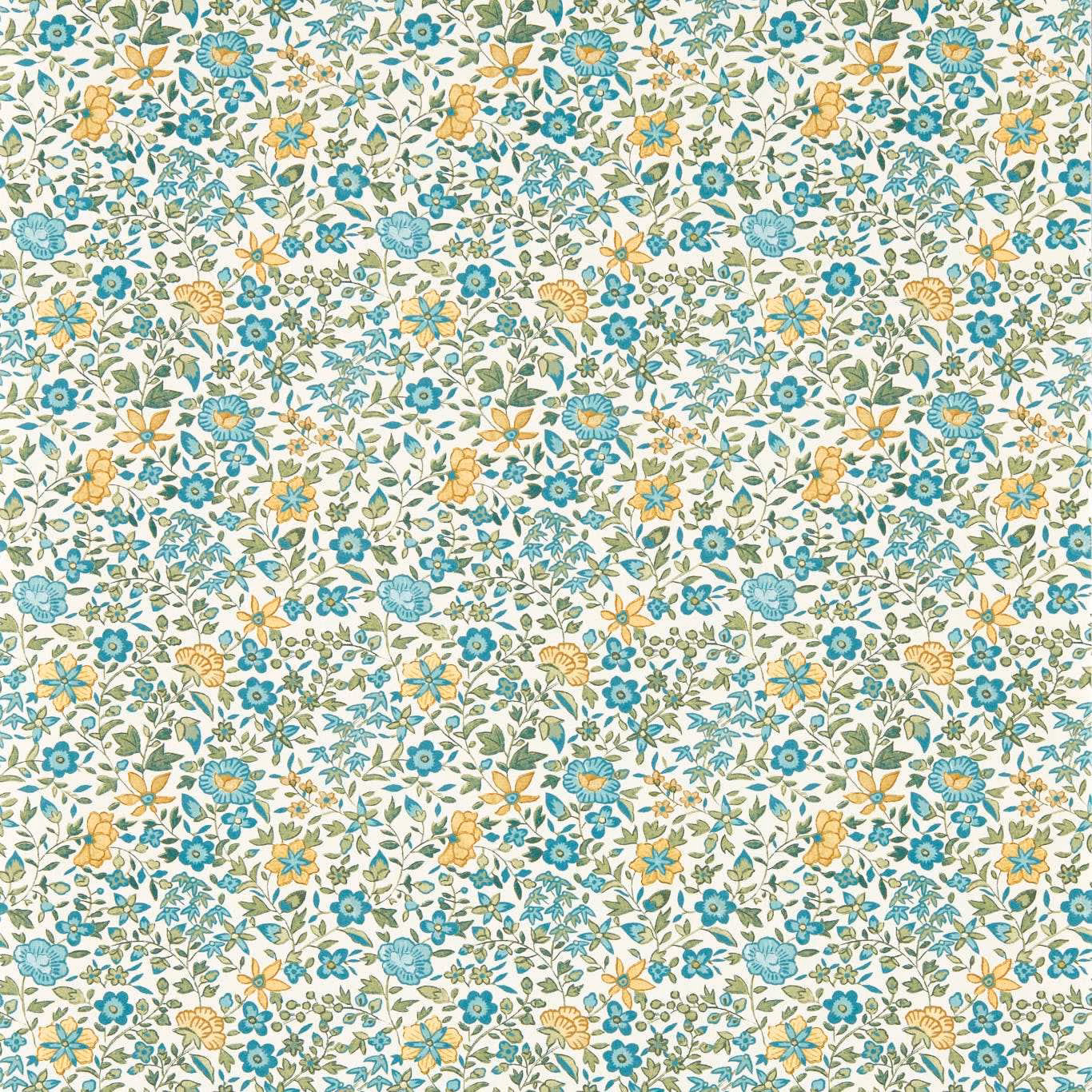 Dense teal, sage and ochre floral wallpaper on a warm ivory ground