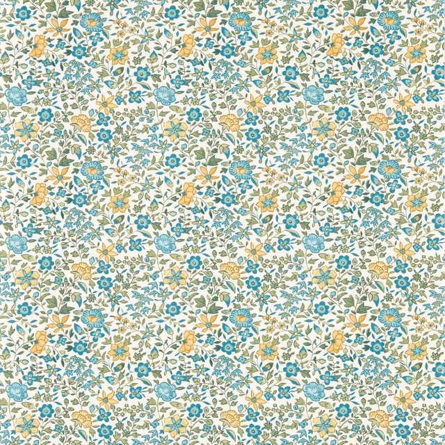 Dense teal, sage and ochre floral wallpaper on a warm ivory ground