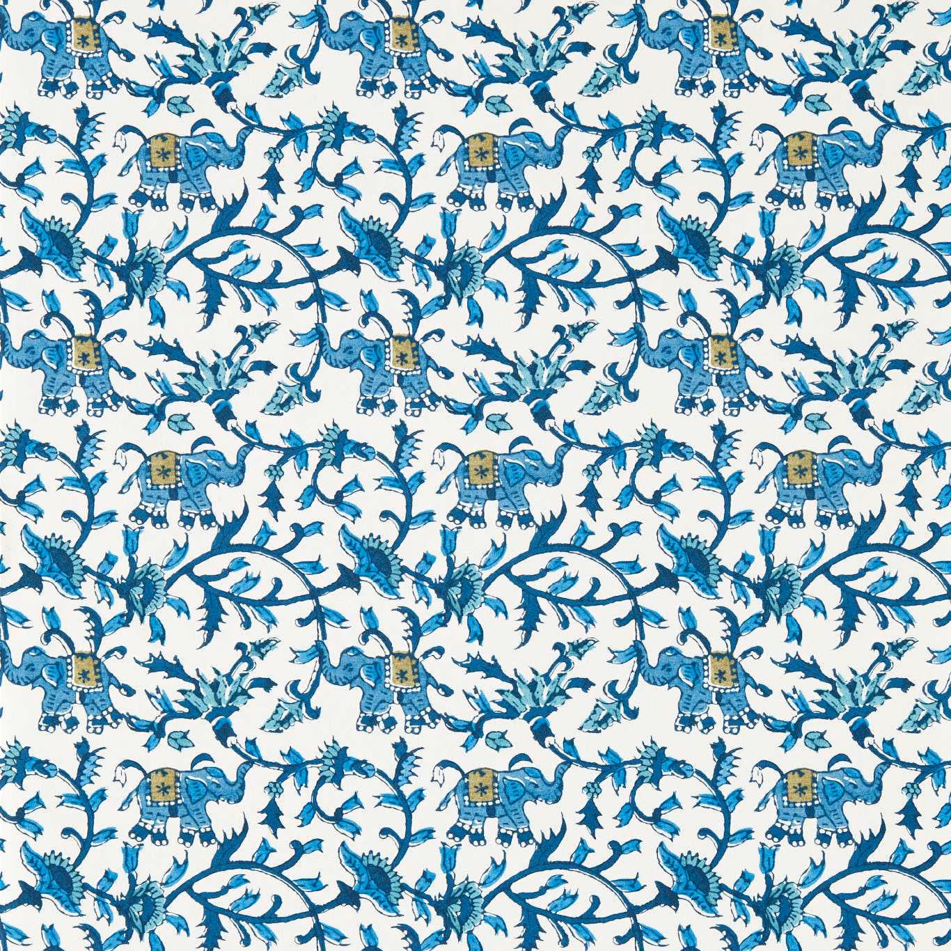 Cobalt blue elephants and curling botanical vines on a cream wallpaper ground