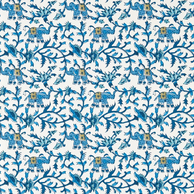 Cobalt blue elephants and curling botanical vines on a cream wallpaper ground