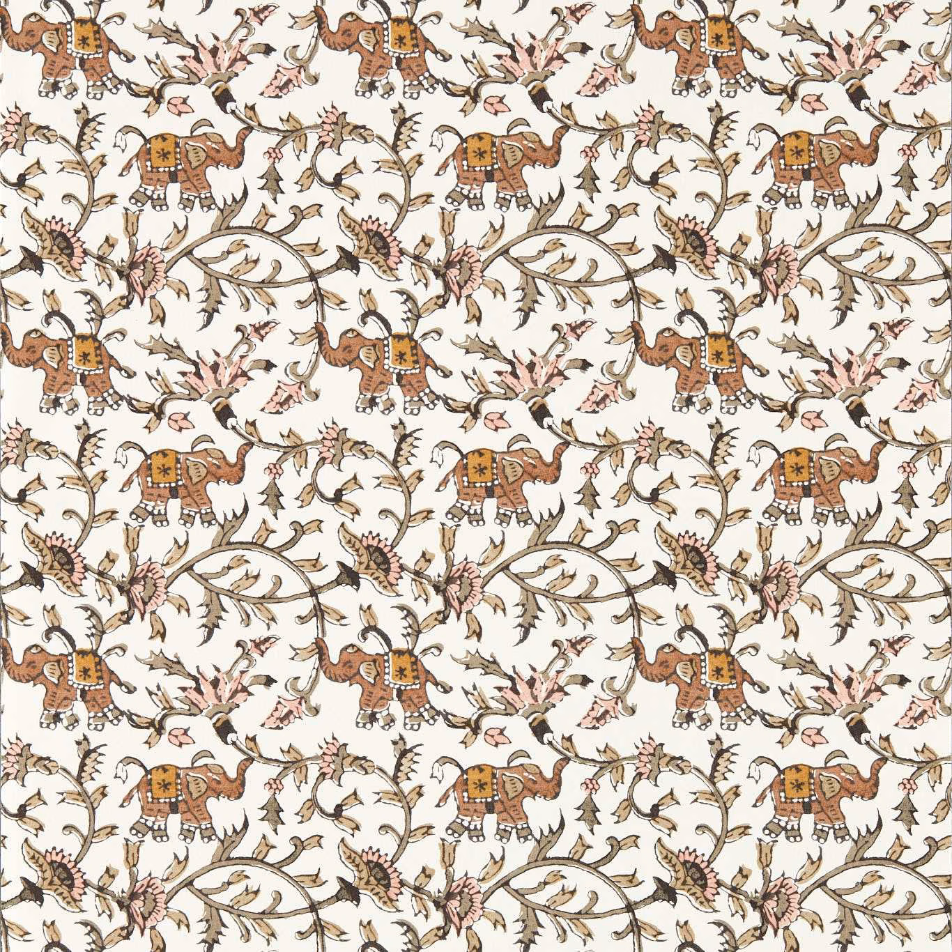 Warm cream wallpaper with brown elephants, taupe vines and muted pink flowers