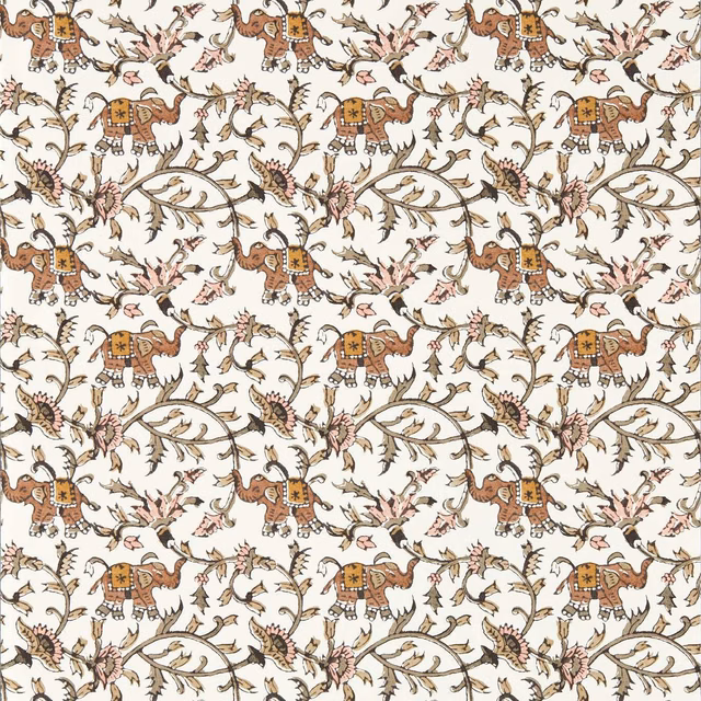 Warm cream wallpaper with brown elephants, taupe vines and muted pink flowers