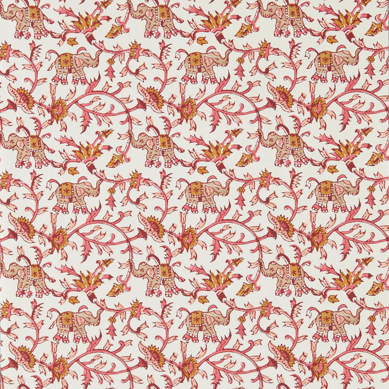 Ivory wallpaper with raspberry elephants, curling floral vines and ochre botanical accents
