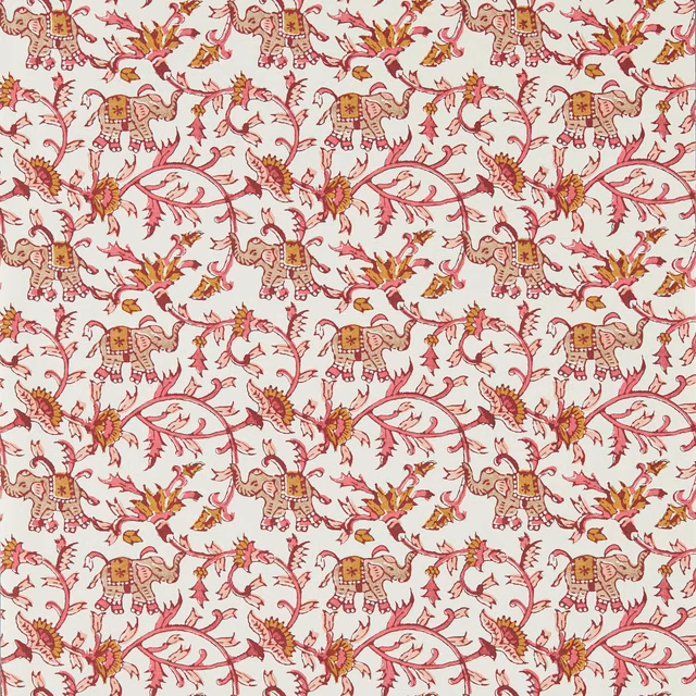 Ivory wallpaper with raspberry elephants, curling floral vines and ochre botanical accents