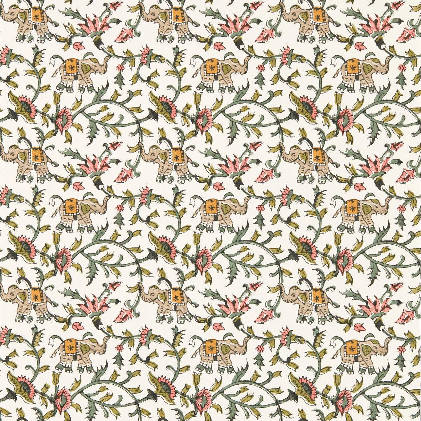 Cream wallpaper with sage vines, blush flowers and ochre elephant motifs