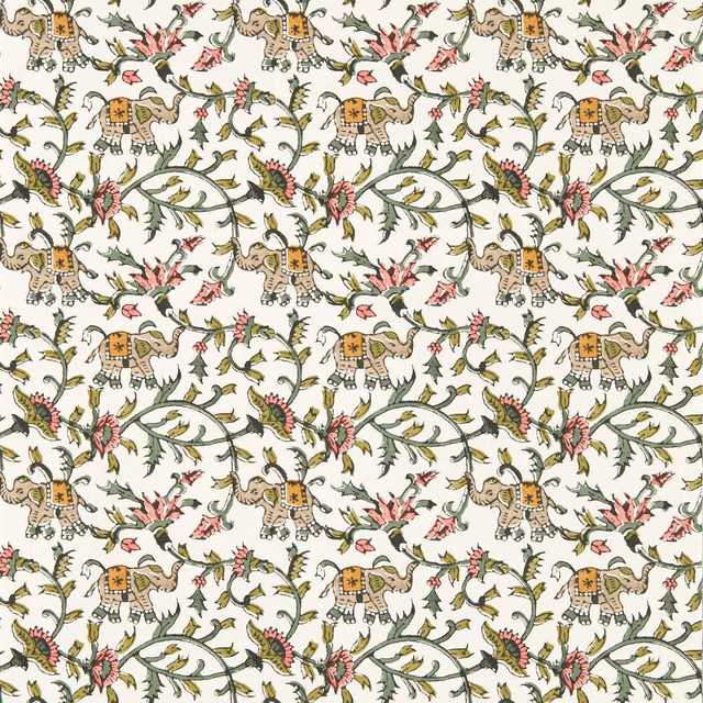Cream wallpaper with sage vines, blush flowers and ochre elephant motifs