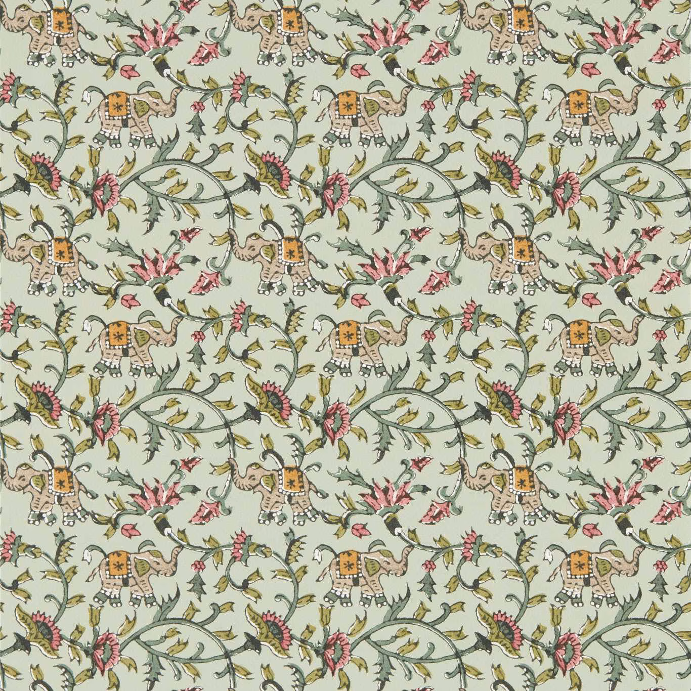 Soft sage wallpaper with elephants, curling vines, pink flowers and mustard details