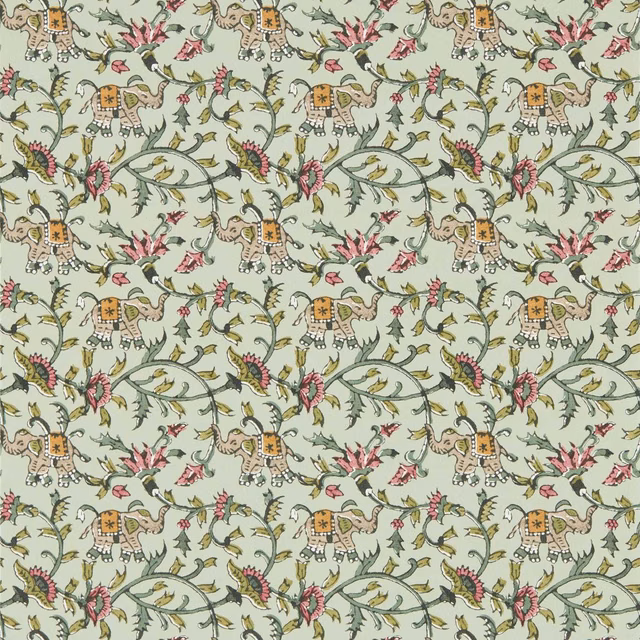 Soft sage wallpaper with elephants, curling vines, pink flowers and mustard details
