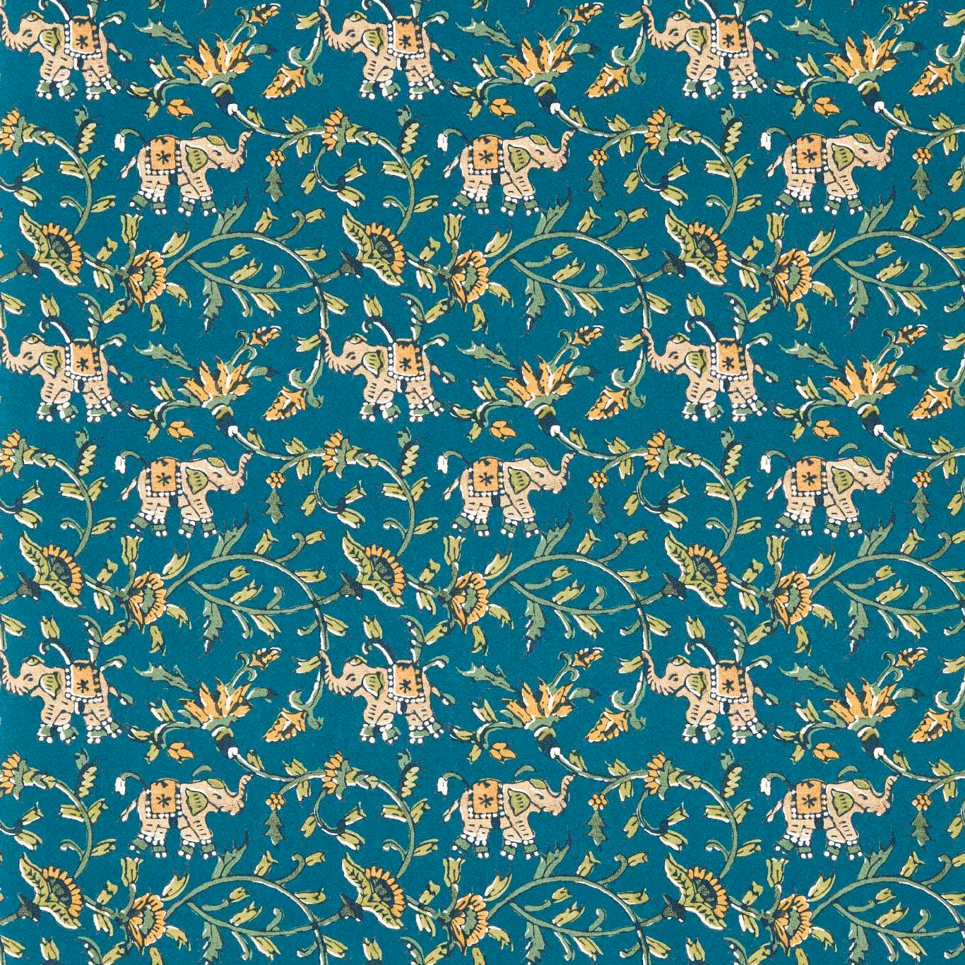 Deep teal wallpaper with repeating cream elephants, gold foliage and curling botanical branches