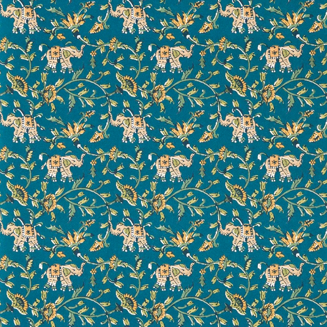 Deep teal wallpaper with repeating cream elephants, gold foliage and curling botanical branches