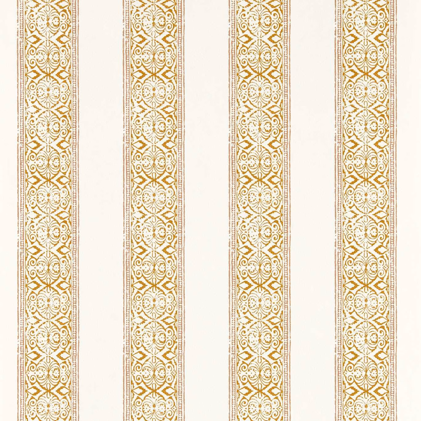 Ivory wallpaper with repeating antique-gold floral medallion stripes and fine vertical lines