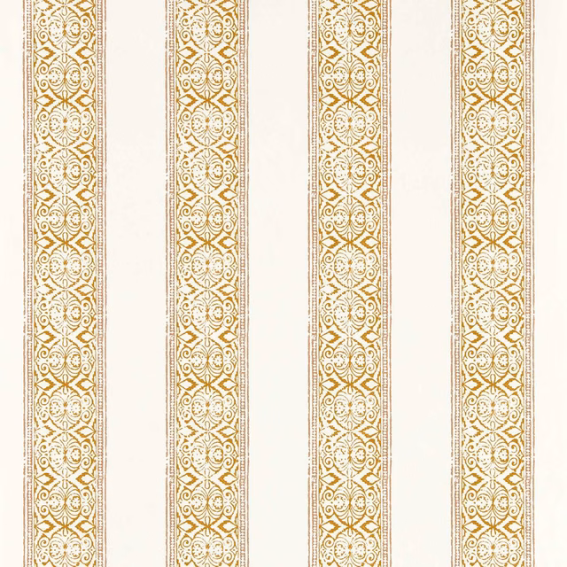 Ivory wallpaper with repeating antique-gold floral medallion stripes and fine vertical lines