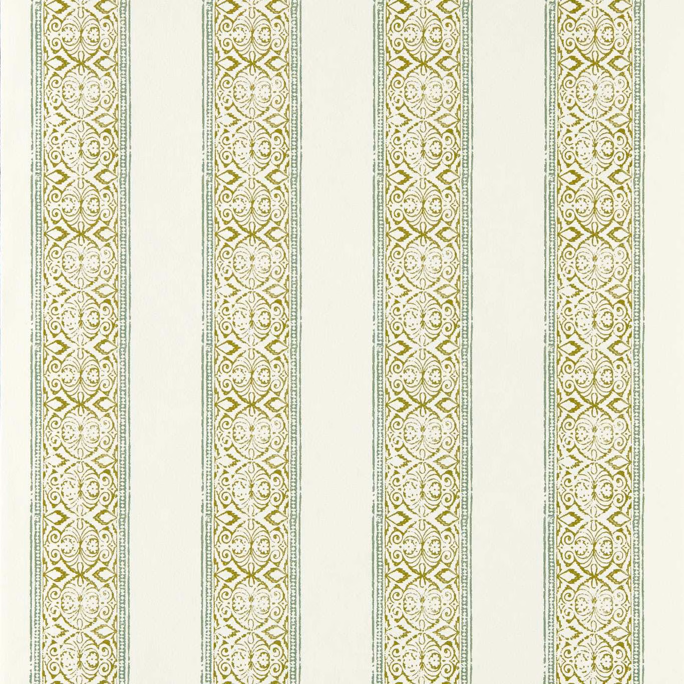 Muted sage and olive ornamental vertical stripes on a warm ivory ground