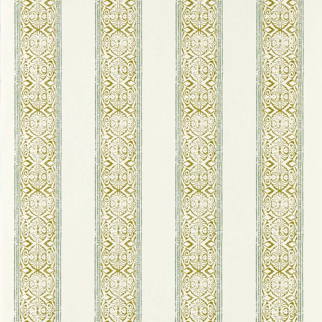 Muted sage and olive ornamental vertical stripes on a warm ivory ground