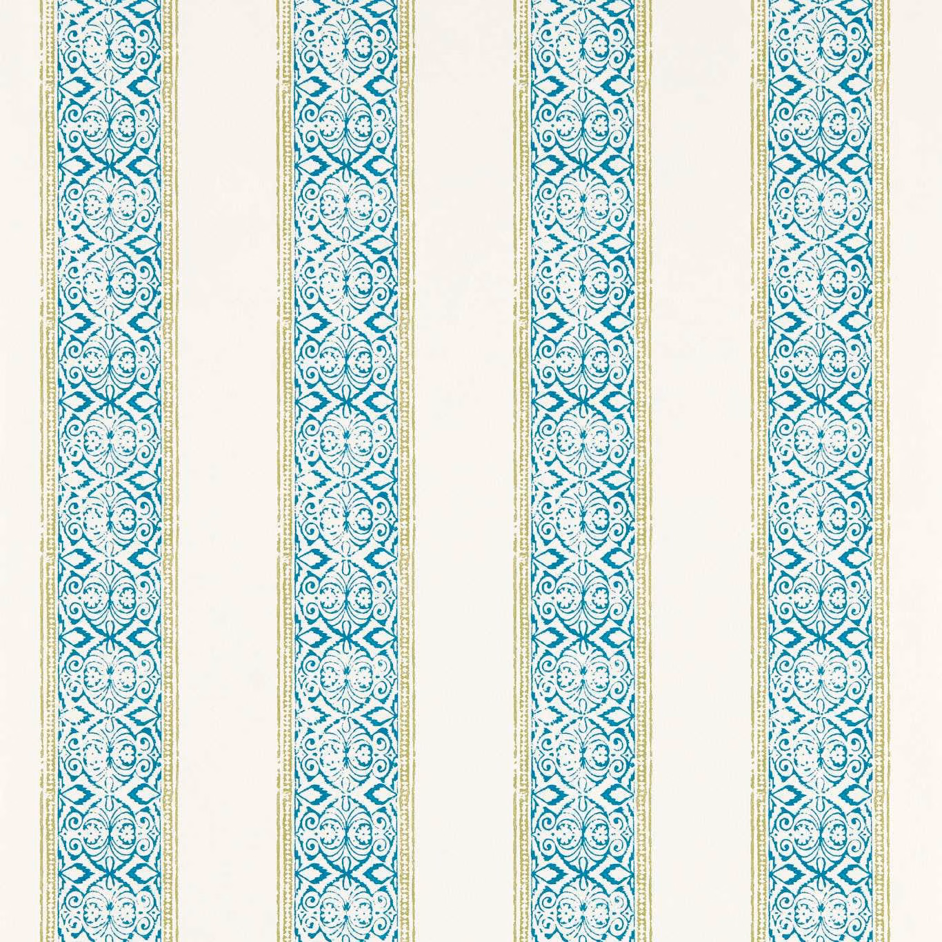 Cream wallpaper with repeating teal floral medallion stripes and fine olive edging