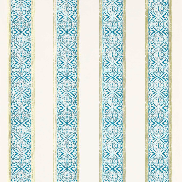 Cream wallpaper with repeating teal floral medallion stripes and fine olive edging