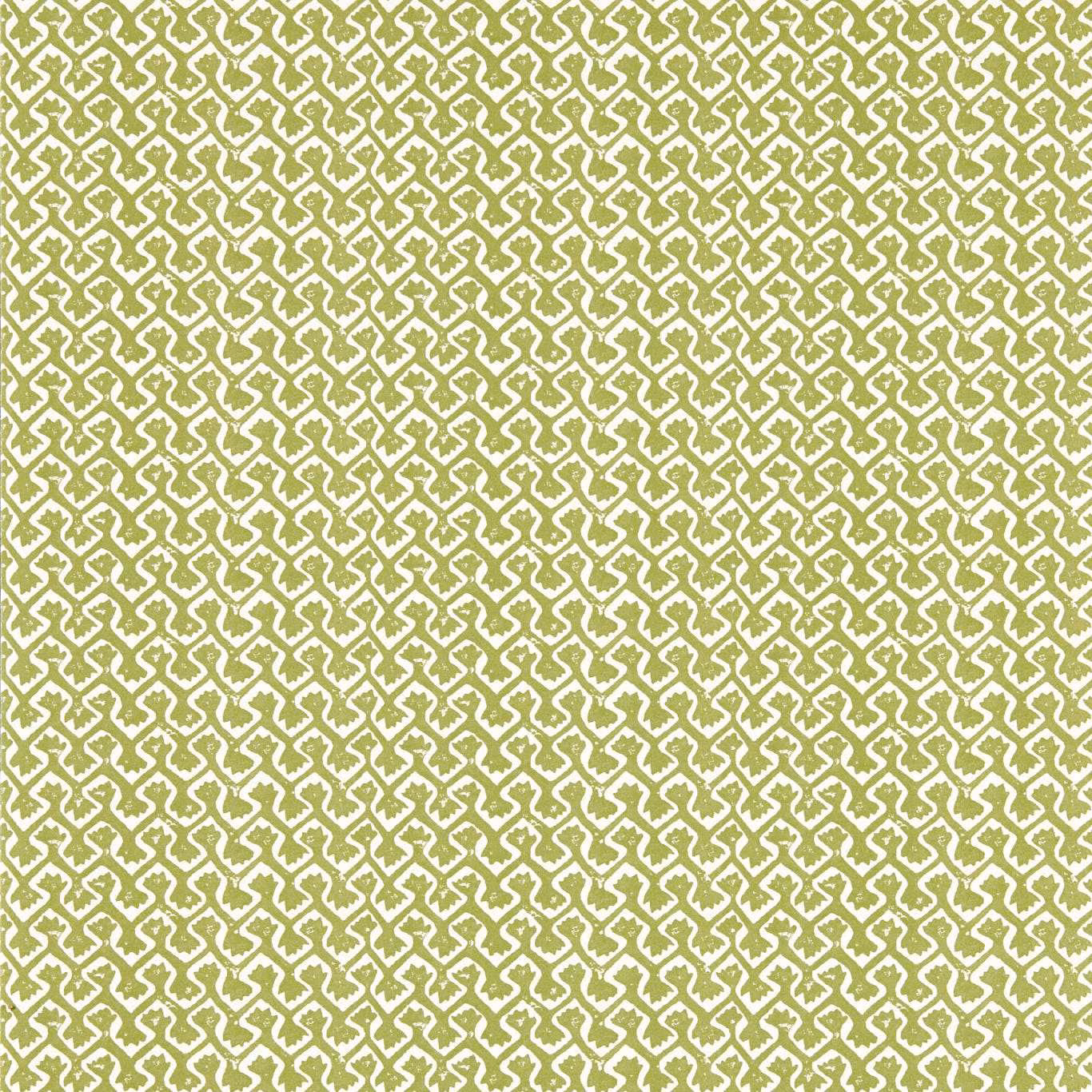Dense apple-green geometric wallpaper on a warm cream ground, shown close-up