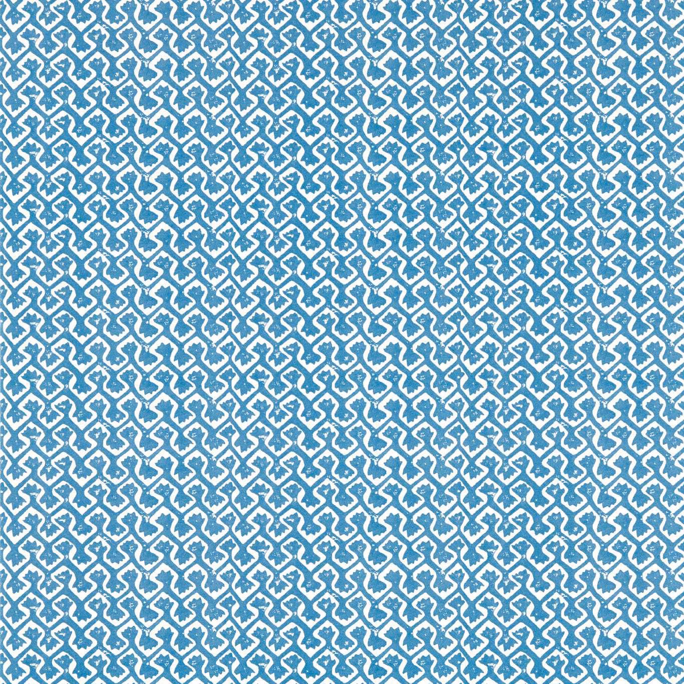 Saturated cobalt blue interlocking trellis on a pale blue-white wallpaper ground
