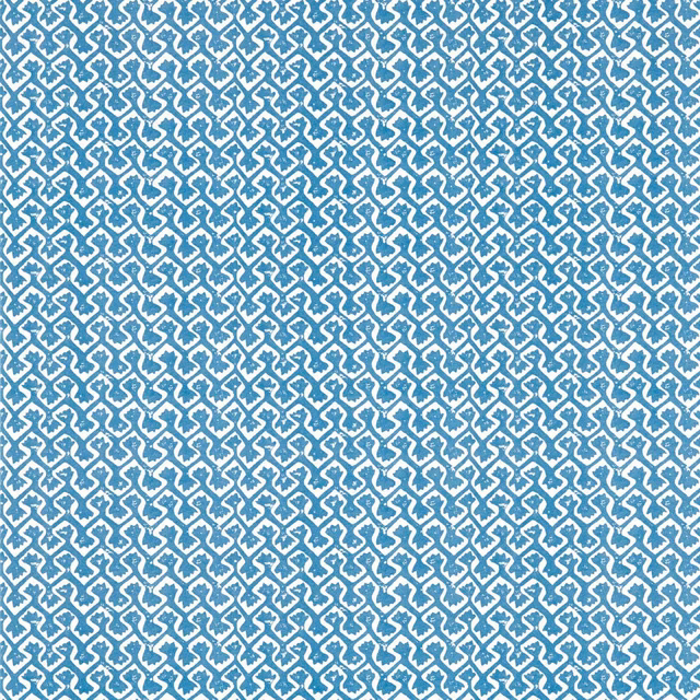 Saturated cobalt blue interlocking trellis on a pale blue-white wallpaper ground