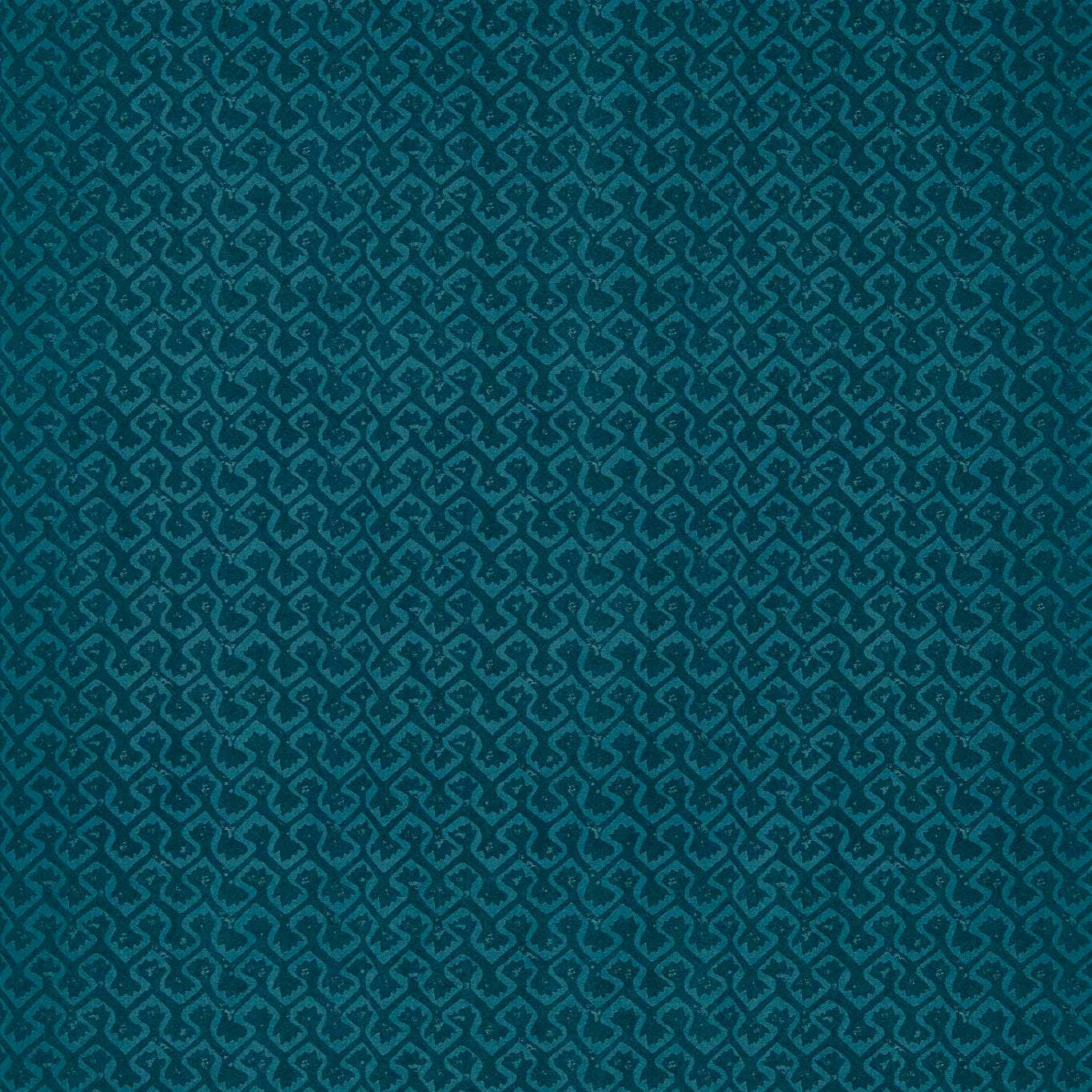 Deep teal wallpaper with small dark geometric motifs and a subtly mottled surface