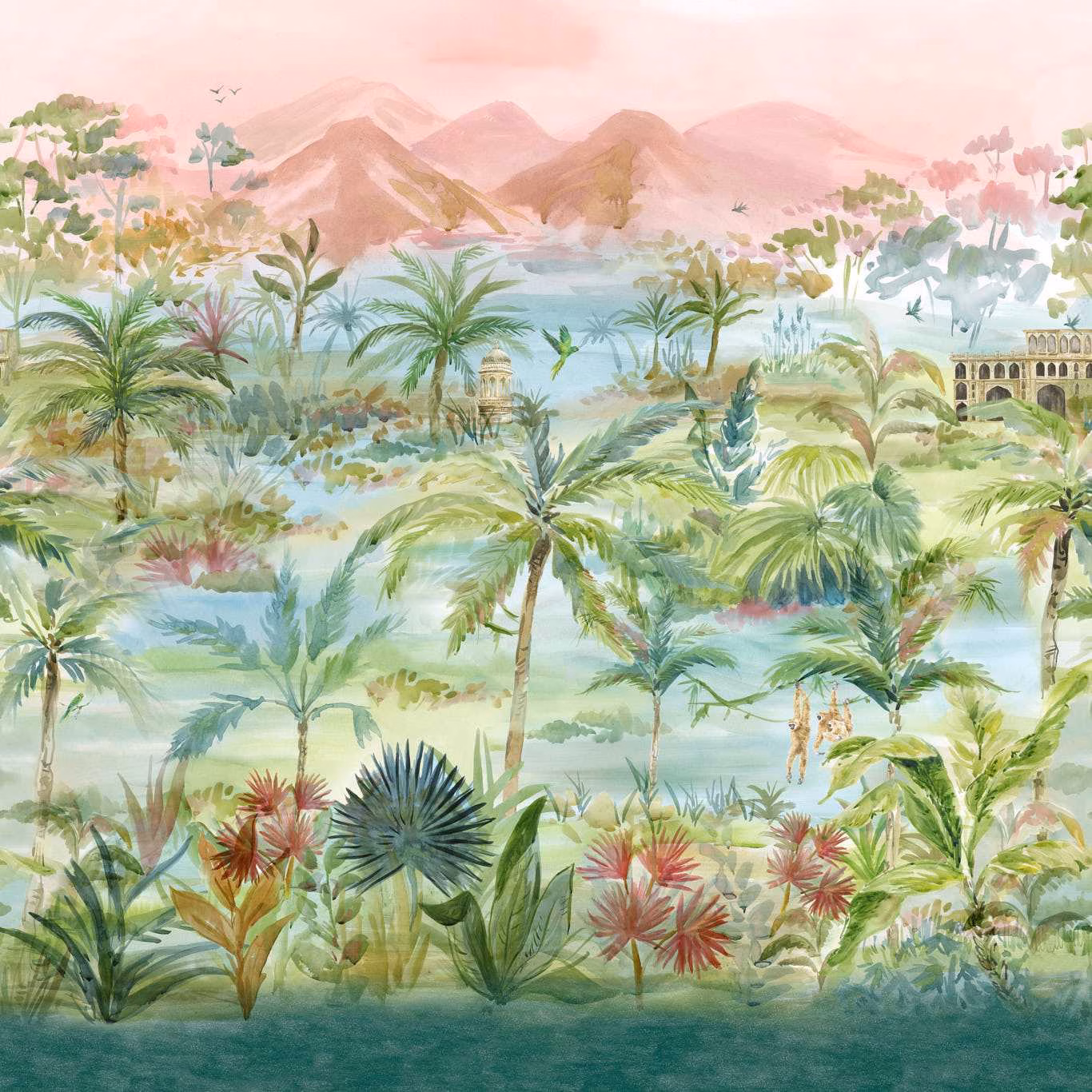 Watercolour tropical landscape in teal, palms, blush mountains and distant pavilion