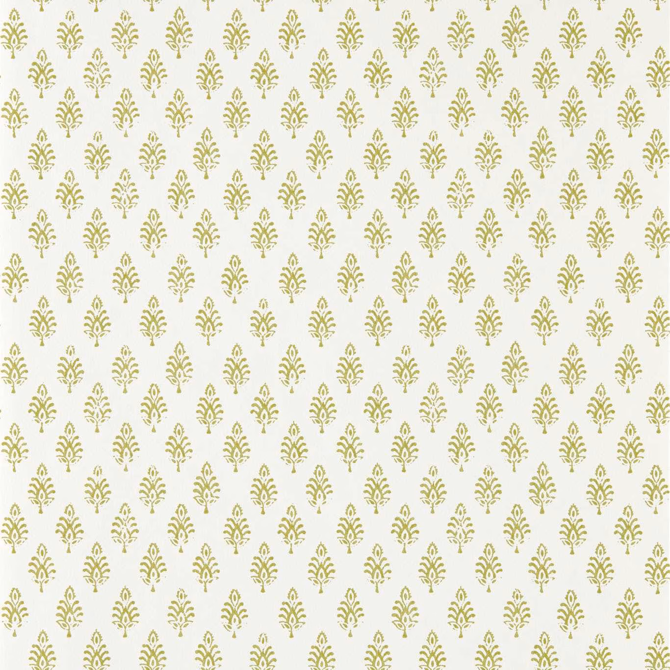 Warm ivory wallpaper with repeated muted apple-green botanical sprigs