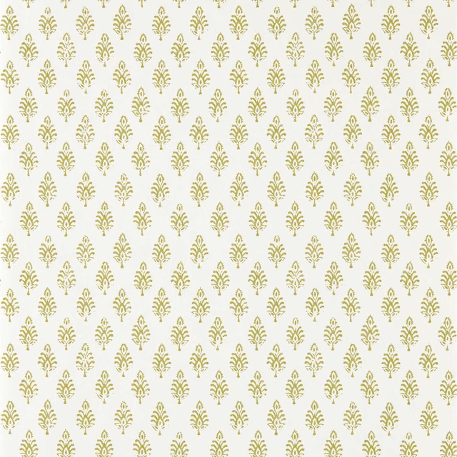 Warm ivory wallpaper with repeated muted apple-green botanical sprigs