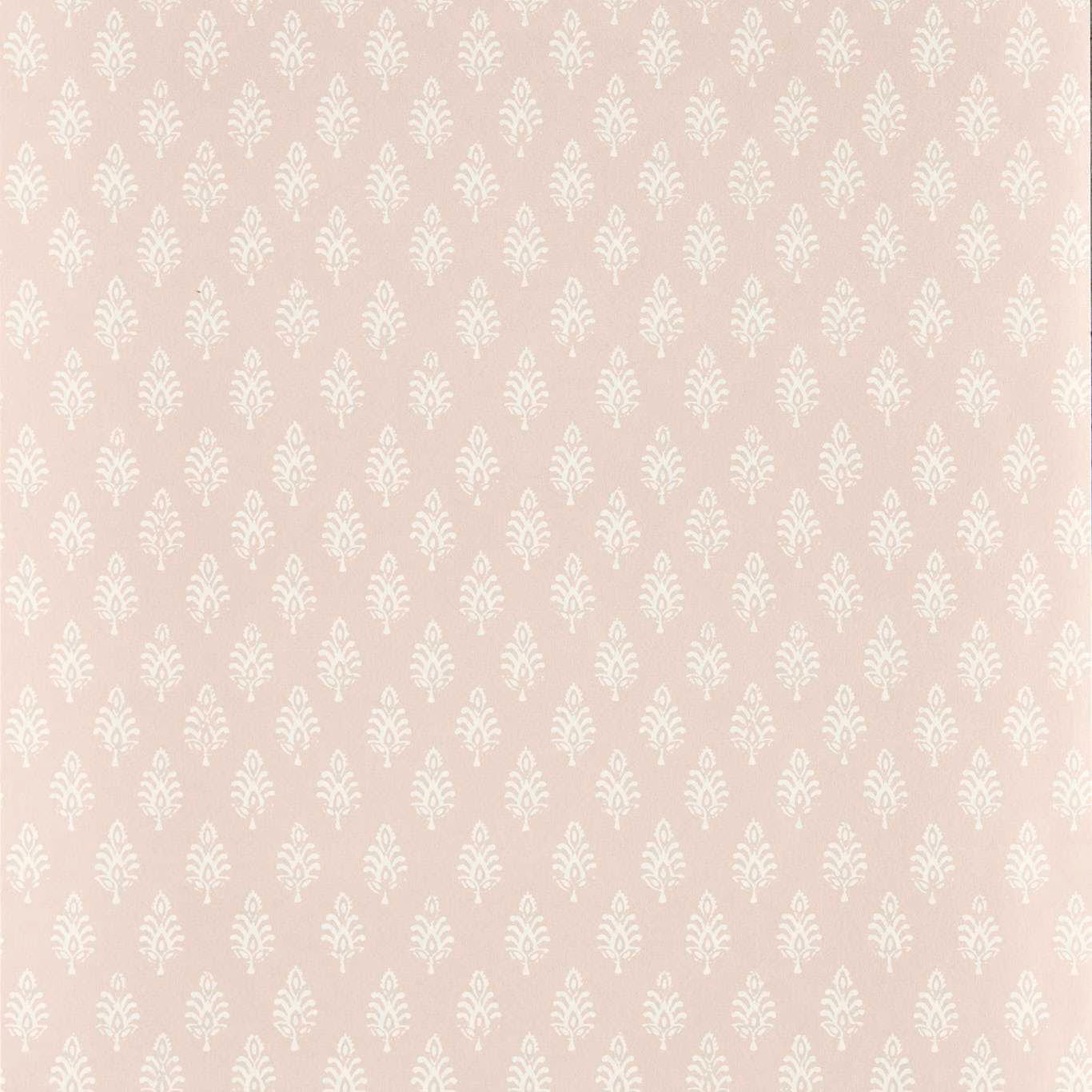 Warm blush-pink wallpaper with small ivory botanical sprigs in a repeating grid