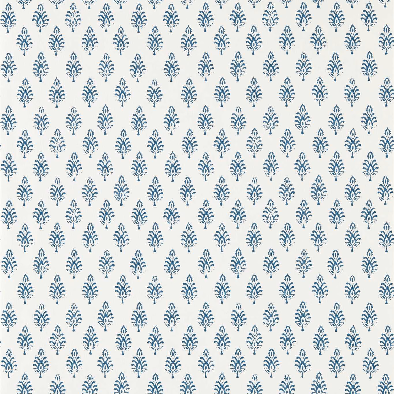 Cream wallpaper with closely spaced deep ink-blue botanical sprigs in neat rows
