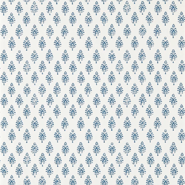 Cream wallpaper with closely spaced deep ink-blue botanical sprigs in neat rows
