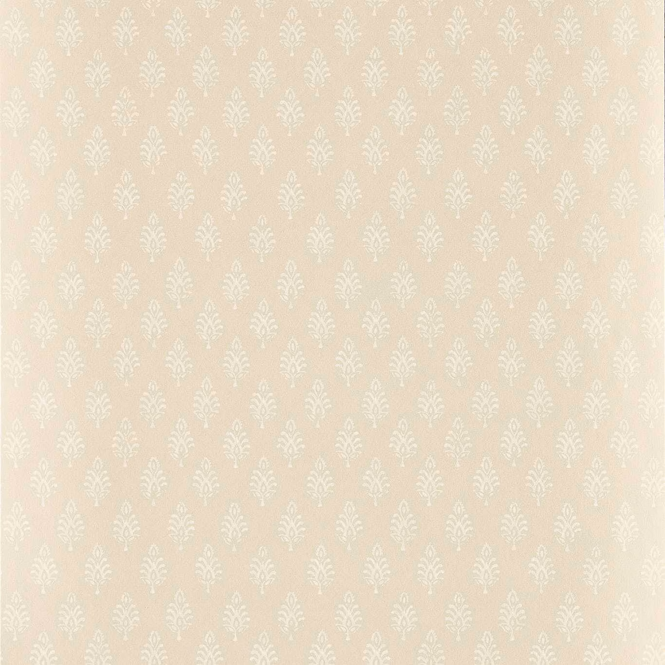 Warm ivory wallpaper with small white stylised botanical motifs in regular rows