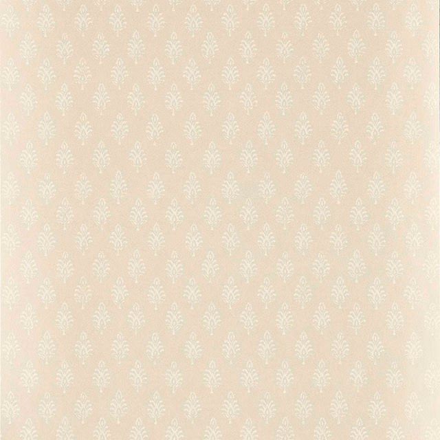 Warm ivory wallpaper with small white stylised botanical motifs in regular rows