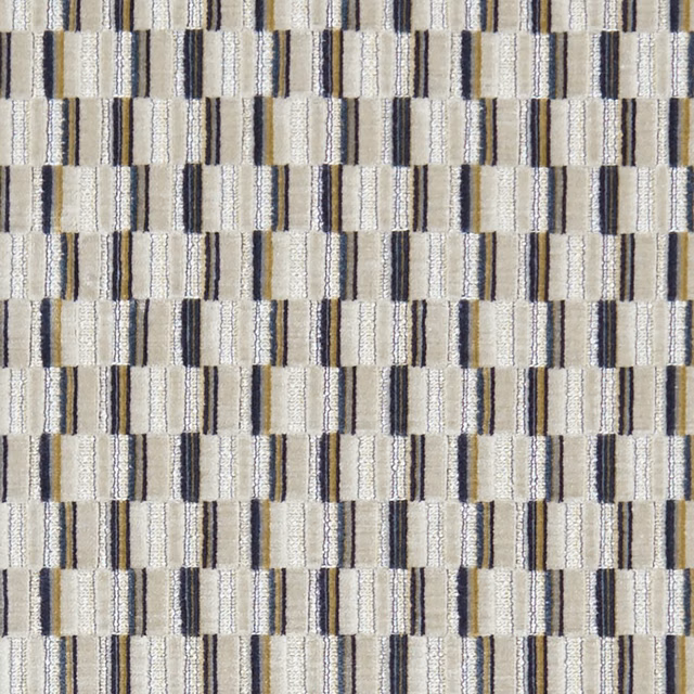 Cream and denim-blue Cubis textile with tactile block stripes and charcoal accents