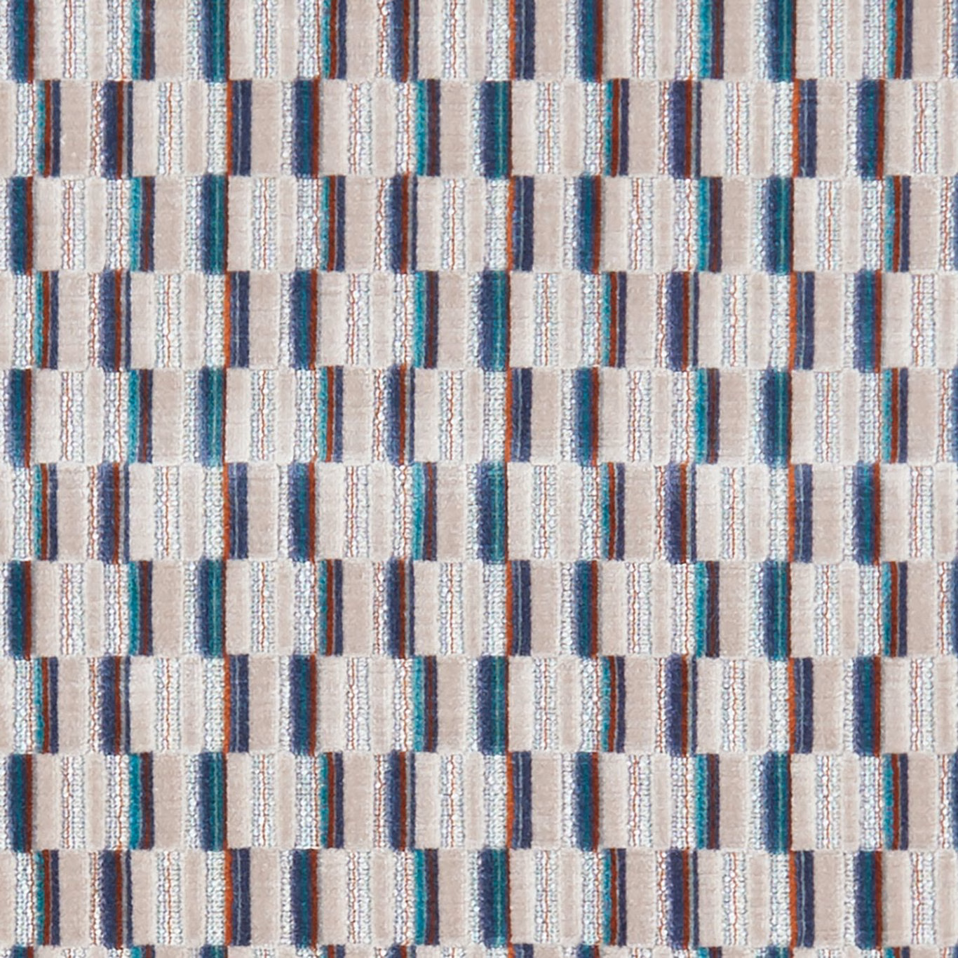 Cream woven upholstery with teal, blue-grey and rust striped rectangular blocks