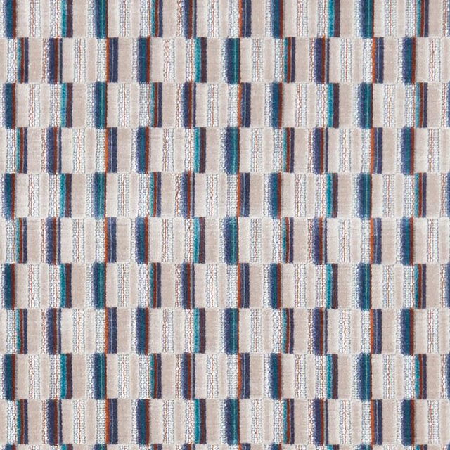 Cream woven upholstery with teal, blue-grey and rust striped rectangular blocks