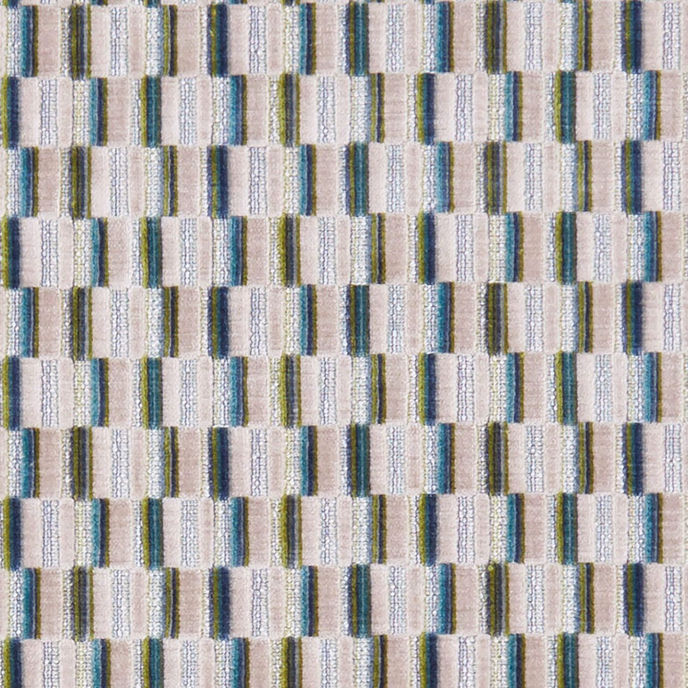 Cubis Peacock fabric showing woven cream blocks with teal, blue and olive stripes