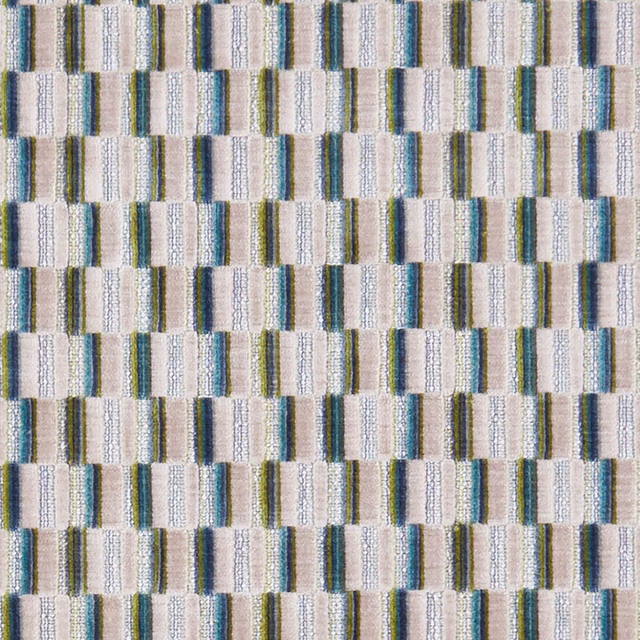 Cubis Peacock fabric showing woven cream blocks with teal, blue and olive stripes