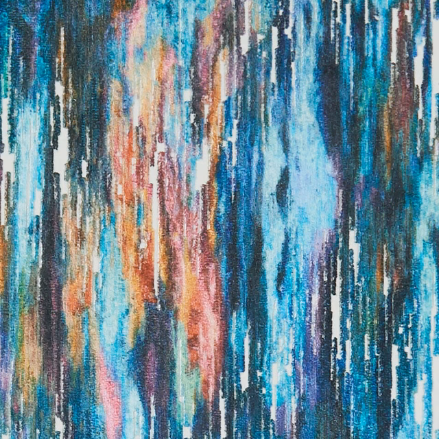 Teal and blue abstract textile with coral, pink and charcoal vertical painterly streaks